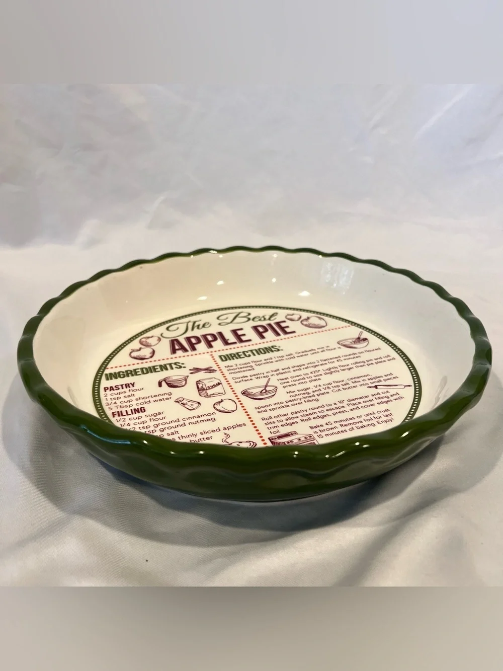 DEI Apple Pie Recipe Ceramic Pie Plate Green Scalloped Cottagecore Kitchen